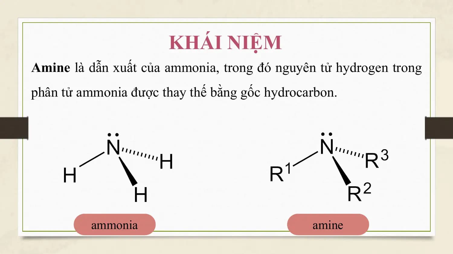 KHÁI NIỆM
Amine là dẫn xuất của ammonia, trong đó nguyên tử hydrogen trong
phân tử ammonia được thay thế bằng gốc hydrocarbon.

 ammonia amine