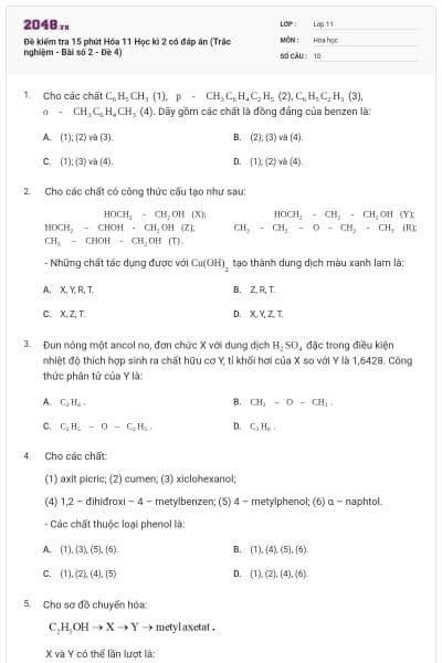 Đề kiểm tra 15 phút Hóa 11 Học kì 2 có đáp án (Trắc nghiệm - Bài số 2 - Đề 4)