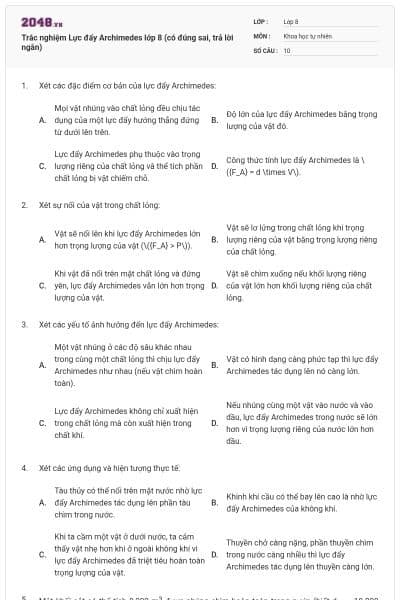 Trắc nghiệm Lực đẩy Archimedes lớp 8 (có đúng sai, trả lời ngắn)