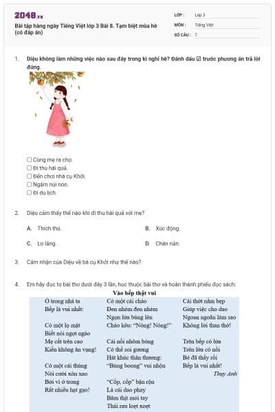 Bài tập hàng ngày Tiếng Việt lớp 3 Bài 8. Tạm biệt mùa hè (có đáp án)