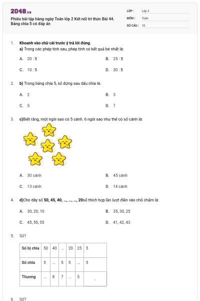 Phiếu bài tập hàng ngày Toán lớp 2 Kết nối tri thức Bài 44. Bảng chia 5 có đáp án