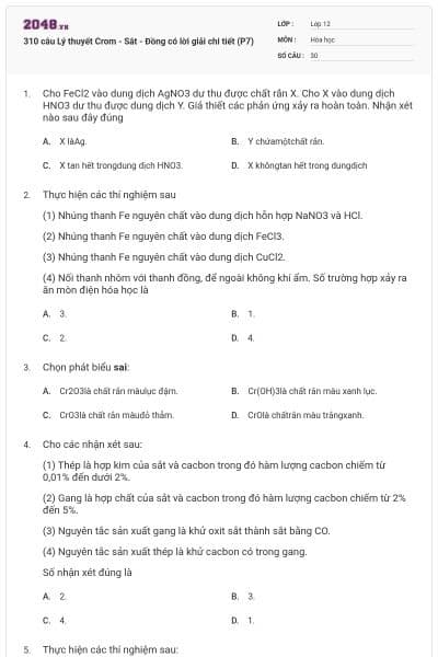 310 câu Lý thuyết Crom - Sắt - Đồng có lời giải chi tiết (P7)