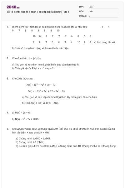 Bộ 15 đề thi Học kì 2 Toán 7 có đáp án (Mới nhất) - đề 5