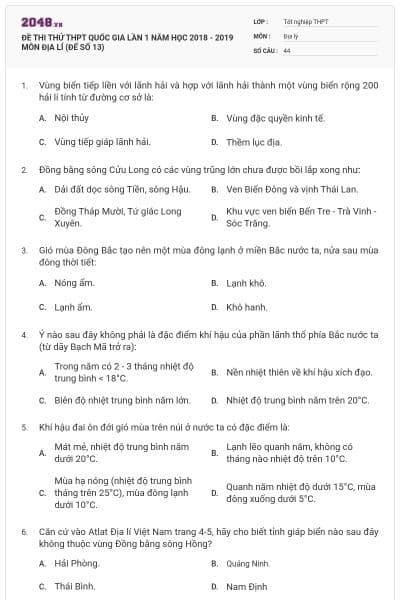 ĐỀ THI THỬ THPT QUỐC GIA LẦN 1 NĂM HỌC 2018 - 2019 MÔN ĐỊA LÍ (ĐẾ SỐ 13)