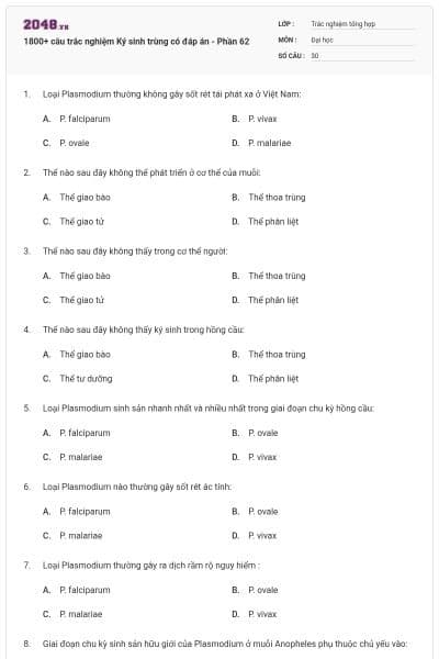 1800+ câu trắc nghiệm Ký sinh trùng có đáp án - Phần 62