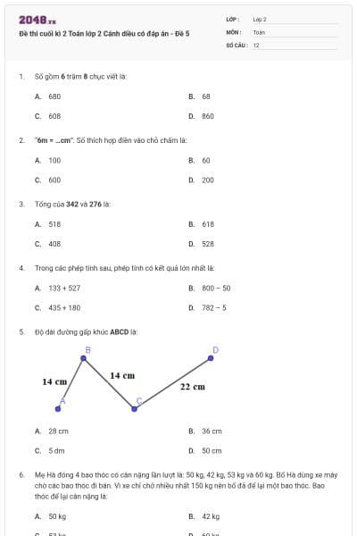 Đề thi cuối kì 2 Toán lớp 2 Cánh diều có đáp án - Đề 5