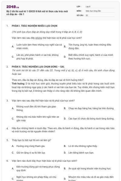 Bộ 2 đề thi cuối kì 1 GDCD 8 Kết nối tri thức cấu trúc mới có đáp án - Đề 1