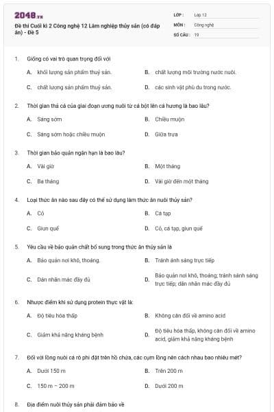 Đề thi Cuối kì 2 Công nghệ 12 Lâm nghiệp thủy sản (có đáp án) - Đề 5