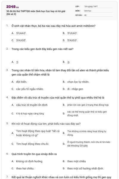 30 đề thi thử THPTQG môn Sinh học Cực hay có lời giải (Đề số 3)