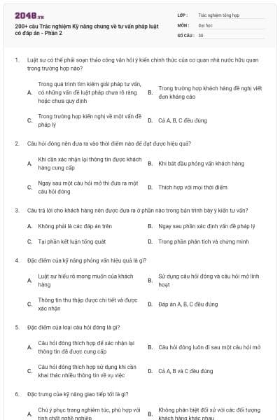 200+ câu Trắc nghiệm Kỹ năng chung về tư vấn pháp luật có đáp án - Phần 2