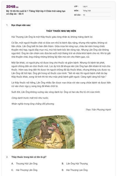 Bộ 10 đề thi cuối kì 1 Tiếng Việt lớp 4 Chân trời sáng tạo có đáp án - Đề 4