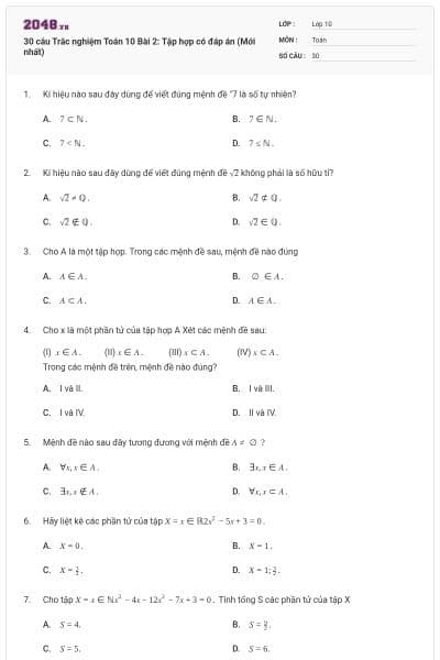 30 câu Trắc nghiệm Toán 10 Bài 2: Tập hợp có đáp án (Mới nhất)