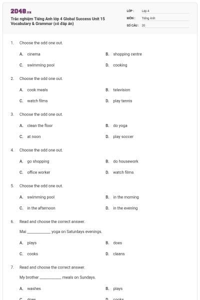 Trắc nghiệm Tiếng Anh lớp 4 Global Success Unit 15 Vocabulary & Grammar (có đáp án)