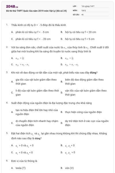 Đề thi thử THPT Quốc Gia năm 2019 môn Vật Lý (Đề số 24)