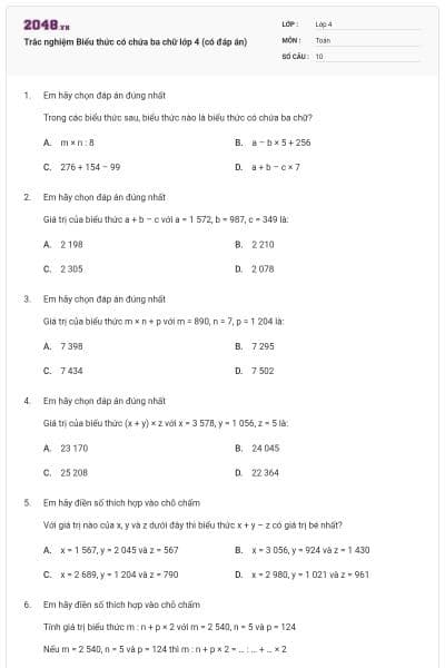 Trắc nghiệm Biểu thức có chứa ba chữ lớp 4 (có đáp án)
