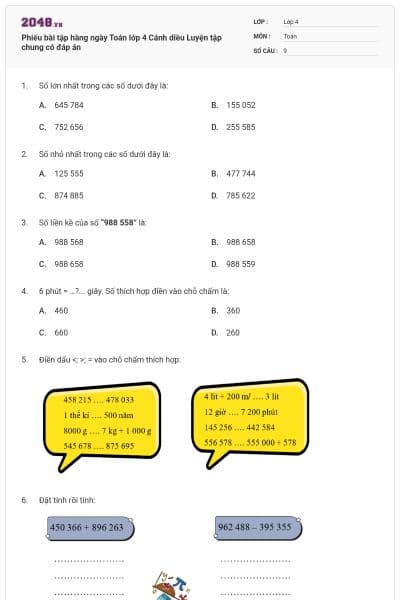 Phiếu bài tập hàng ngày Toán lớp 4 Cánh diều Luyện tập chung có đáp án