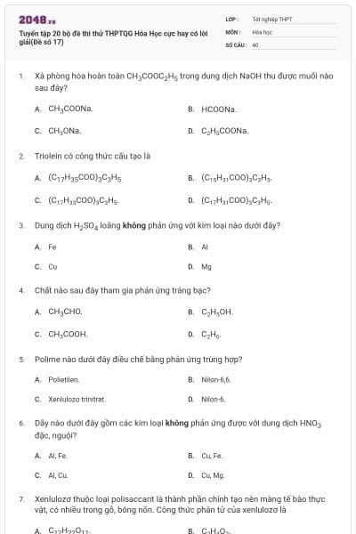 Tuyển tập 20 bộ đề thi thử THPTQG Hóa Học cực hay có lời giải(Đề số 17)