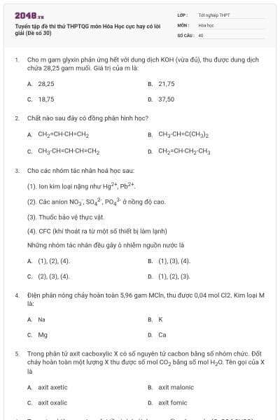 Tuyển tập đề thi thử THPTQG môn Hóa Học cực hay có lời giải (Đề số 30)