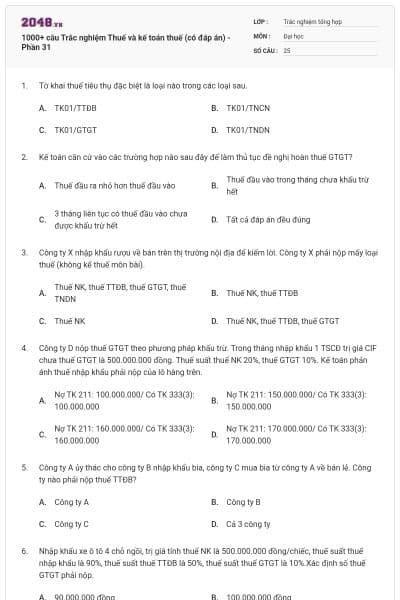 1000+ câu Trắc nghiệm Thuế và kế toán thuế (có đáp án) - Phần 31