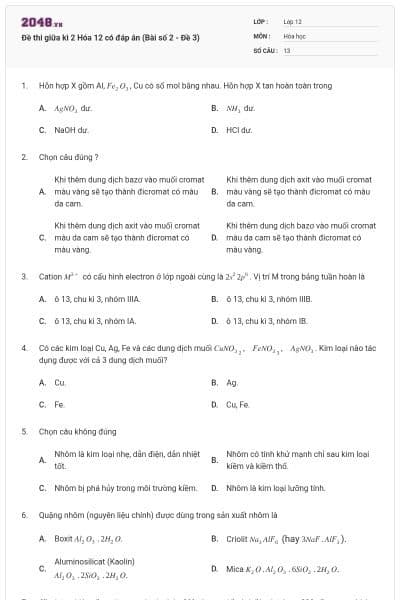 Đề thi giữa kì 2 Hóa 12 có đáp án (Bài số 2 - Đề 3)