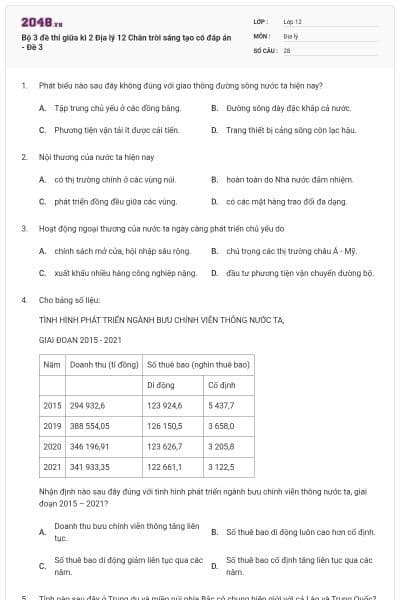 Bộ 3 đề thi giữa kì 2 Địa lý 12 Chân trời sáng tạo có đáp án - Đề 3