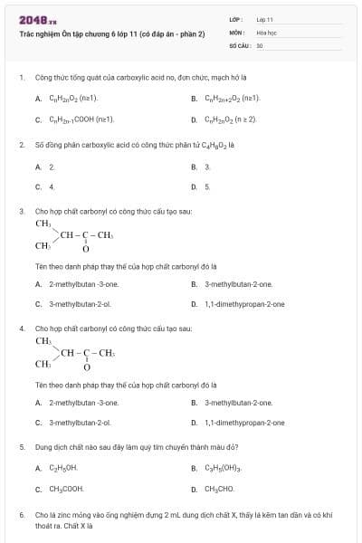 Trắc nghiệm Ôn tập chương 6 lớp 11 (có đáp án - phần 2)
