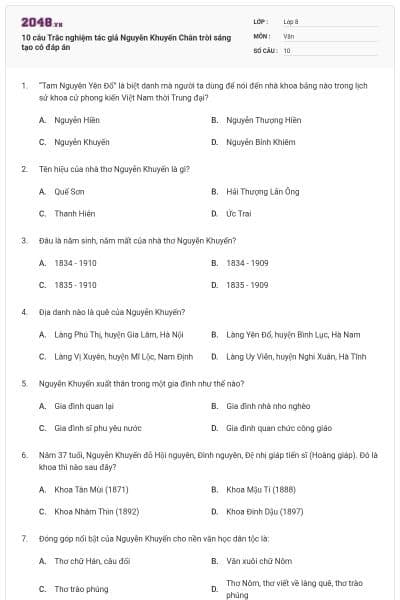 10 câu Trắc nghiệm tác giả Nguyễn Khuyến Chân trời sáng tạo có đáp án