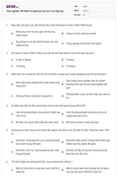 Trắc nghiệm: Đề kiểm tra giữa kỳ Lịch sử 9 (có đáp án)