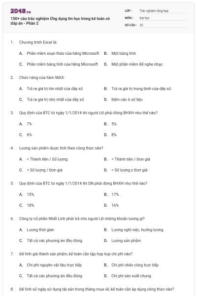 150+ câu trắc nghiệm Ứng dụng tin học trong kế toán có đáp án - Phần 2