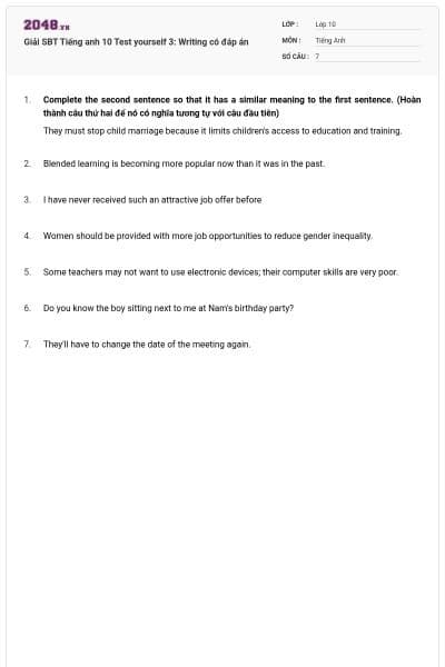 Giải SBT Tiếng anh 10 Test yourself 3: Writing có đáp án