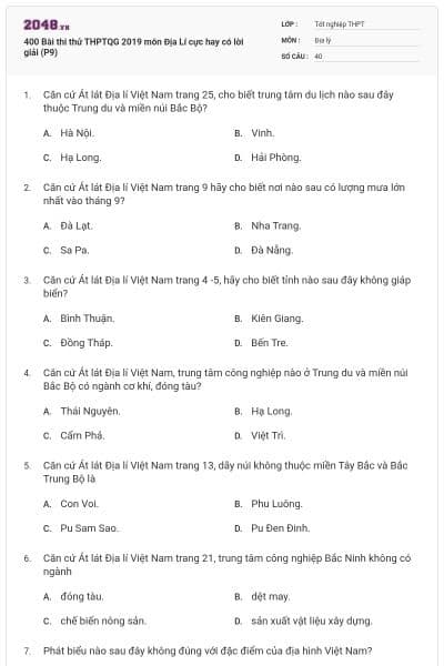 400 Bài thi thử THPTQG 2019 môn Địa Lí cực hay có lời giải (P9)