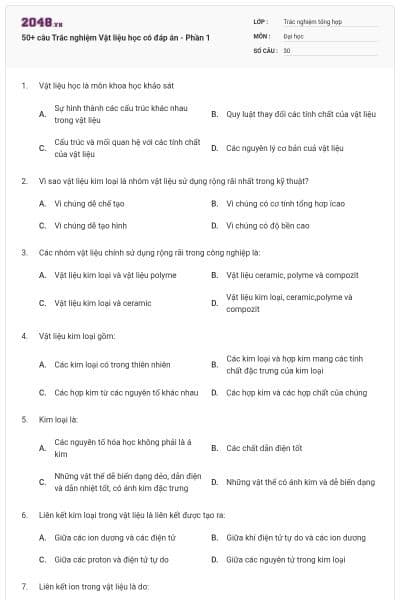 50+ câu Trắc nghiệm Vật liệu học có đáp án - Phần 1