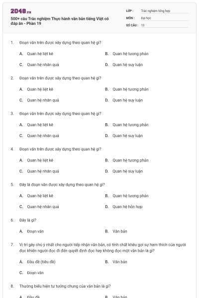 500+ câu Trắc nghiệm Thực hành văn bản tiếng Việt có đáp án - Phần 19