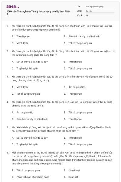 100+ câu Trắc nghiệm Tâm lý học pháp lý có đáp án - Phần 5