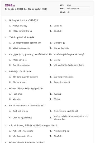 Đề thi giữa kì 1 GDCD 6 có đáp án, cực hay (Đề 2)
