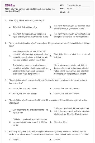 1000+ câu Trắc nghiệm Luật và chính sách môi trường (có đáp án) - Phần 19