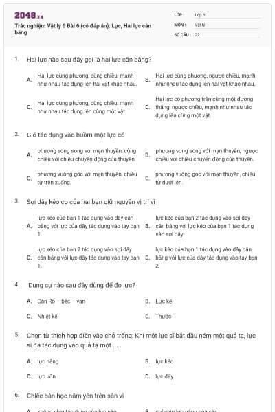 Trắc nghiệm Vật lý 6 Bài 6 (có đáp án): Lực, Hai lực cân bằng
