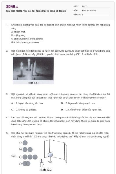 Giải SBT KHTN 7 CD Bài 12. Ánh sáng, tia sáng có đáp án