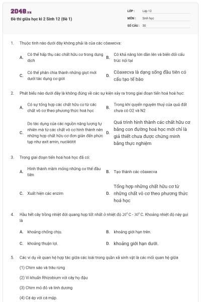Đề thi giữa học kì 2 Sinh 12 (Đề 1)
