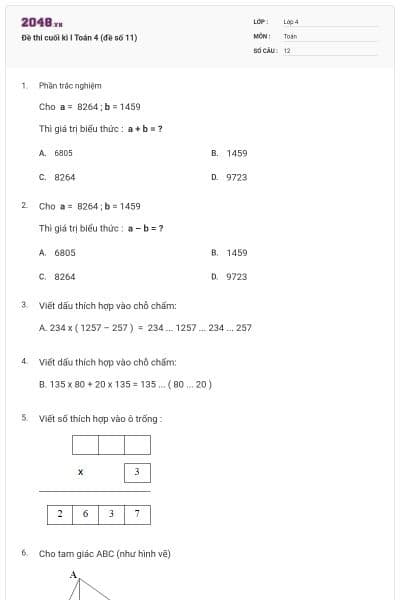 Đề thi cuối kì I Toán 4 (đề số 11)