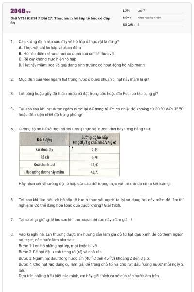 Giải VTH KHTN 7 Bài 27: Thực hành hô hấp tế bào có đáp án