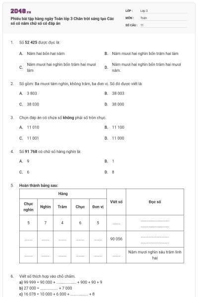 Phiếu bài tập hàng ngày Toán lớp 3 Chân trời sáng tạo Các số có năm chữ số có đáp án