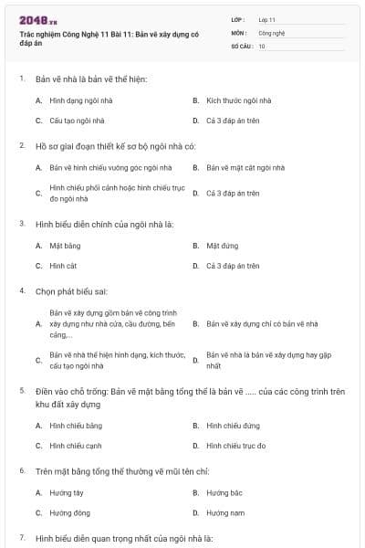 Trắc nghiệm Công Nghệ 11 Bài 11: Bản vẽ xây dựng có đáp án
