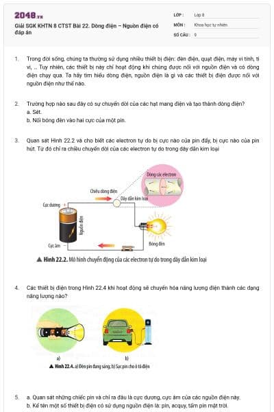 Giải SGK KHTN 8 CTST Bài 22. Dòng điện – Nguồn điện có đáp án