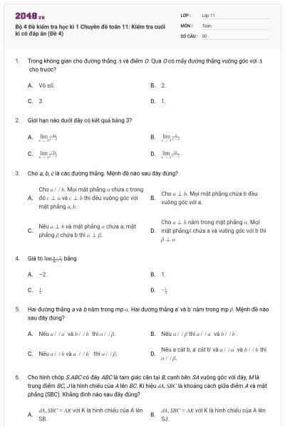 Bộ  4 Đề kiểm tra học kì 1 Chuyên đề toán 11: Kiểm tra cuối kì có đáp án (Đề 4)