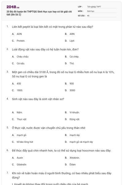 20 Bộ đề luyện thi THPTQG Sinh Học cực hay có lời giải chi tiết (Đề Số 2)