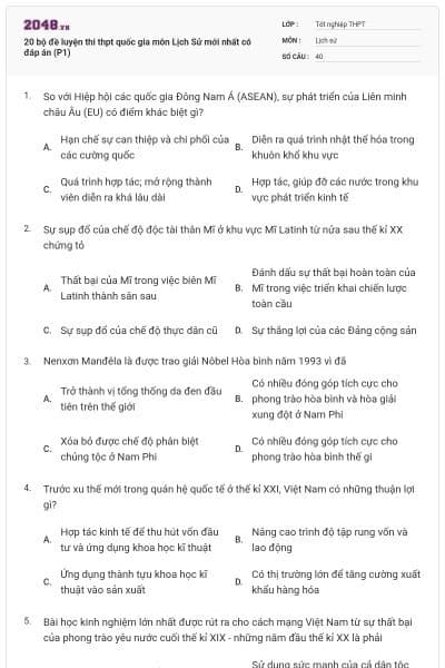 20 bộ đề luyện thi thpt quốc gia môn Lịch Sử mới nhất có đáp án (P1)