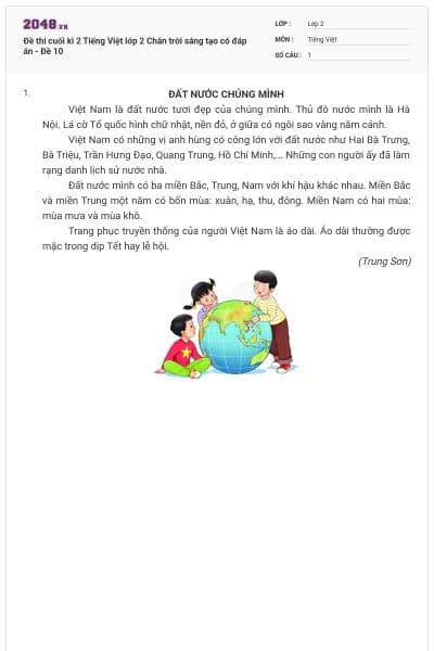 Đề thi cuối kì 2 Tiếng Việt lớp 2 Chân trời sáng tạo có đáp án - Đề 10