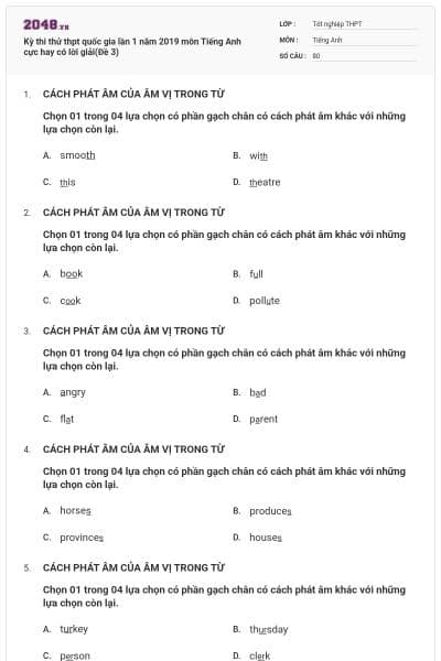 Kỳ thi thử thpt quốc gia lần 1 năm 2019 môn Tiếng Anh cực hay có lời giải(Đề 3)