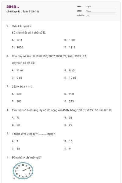 Đề thi học kì II Toán 3 (Đề 11)